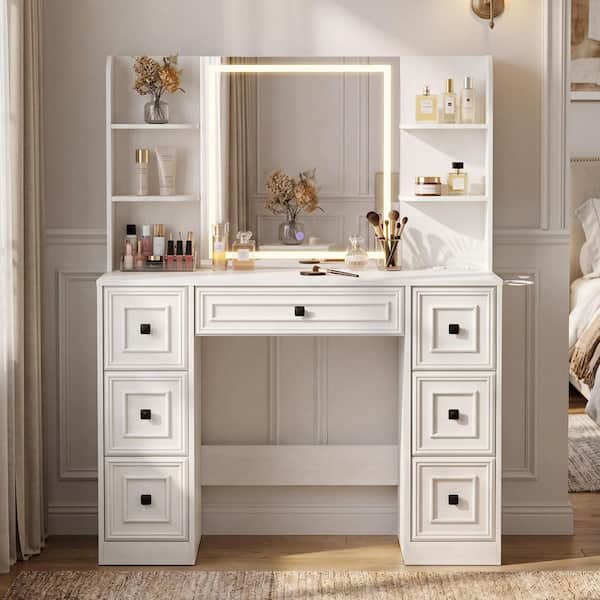 43.3 in. W White Vintage Makeup Vanity with 7 Drawers, Open Shelves and Hair Dryer Holder