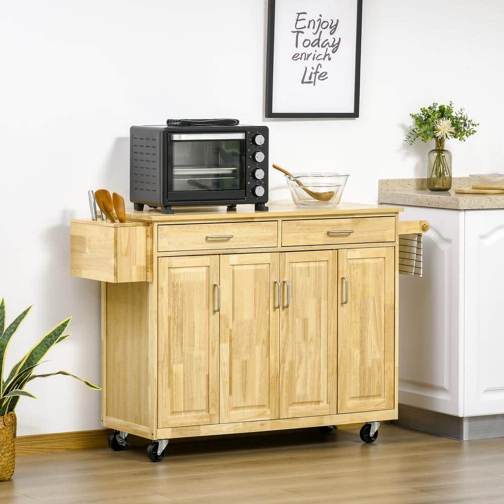 Natural Wood Kitchen Cart with Drawers and Spice Rack