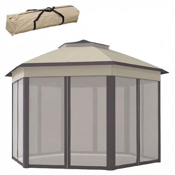 13.3' Outdoor Hexagon Pop Up Canopy Tent w/ Mesh Sidewalls, for Parties, Weddings, Camping, Waterproof, UV-Resistant