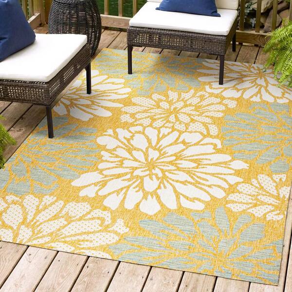 JONATHAN Y Zinnia Modern Floral Textured Weave Yellow/Cream 9 ft. x 12 ft. Indoor/Outdoor Area Rug