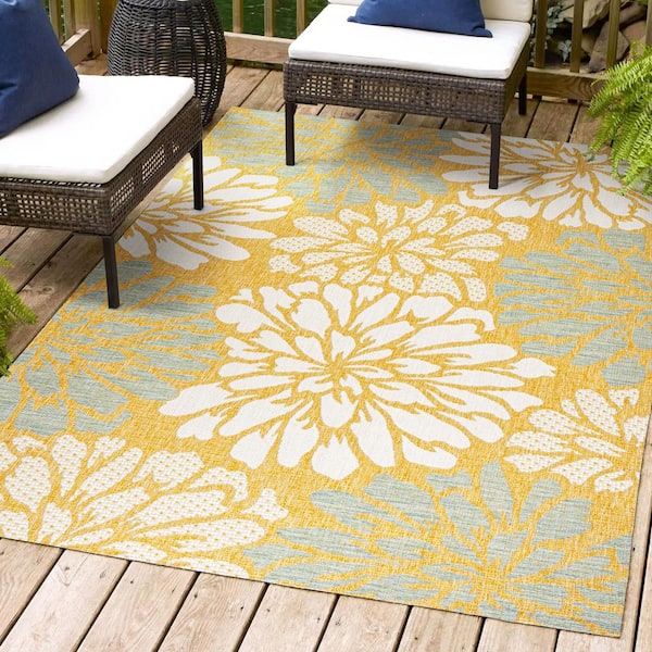 Zinnia Modern Floral Textured Weave Yellow/Cream 8 ft. x 10 ft. Indoor/Outdoor Area Rug