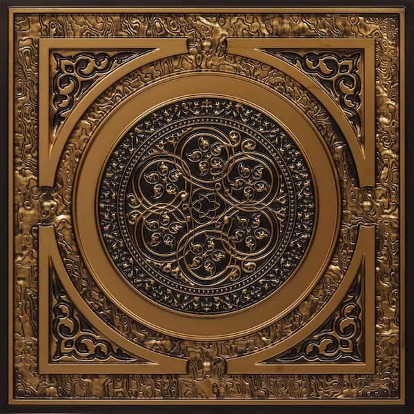 FROM PLAIN TO BEAUTIFUL IN HOURS Steampunk Antique Gold 2 ft. x 2 ft. PVC Glue-up or Lay-in Faux Tin Ceiling Tile (100 sq. ft./case)