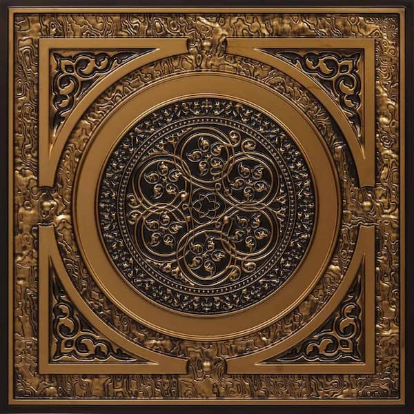 FROM PLAIN TO BEAUTIFUL IN HOURS Steampunk Antique Gold 2 ft. x 2 ft. PVC Glue-up or Lay-in Faux Tin Ceiling Tile (200 sq. ft./case)