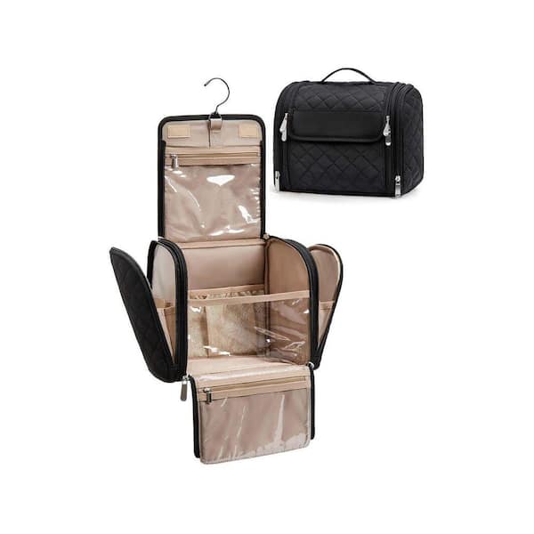 Black Hanging Makeup Organizer-Large Capacity Travel Cosmetic Case with Transparent Pockets for Toiletries & Essentials