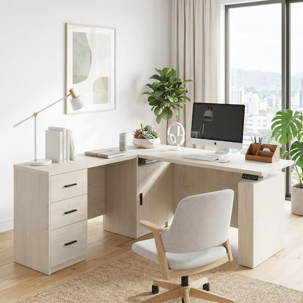 63 in. L-Shaped Cream White Wood Grain Electric Adjustable Height Computer Desk with 3-Drawer, Memory Settings & Cabinet