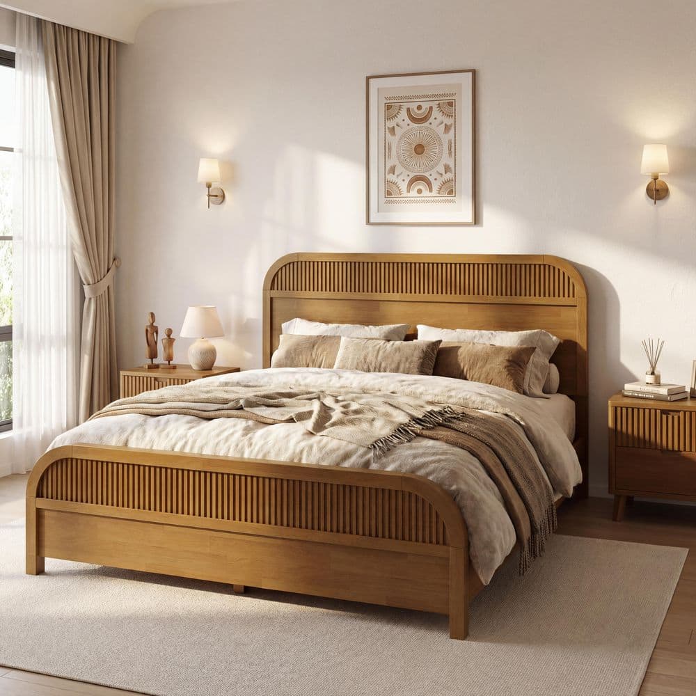 Oak (Brown) Solid Wood Frame Queen Platform Bed with Slatted Headboard and Footboard price history on PriceWatchPro