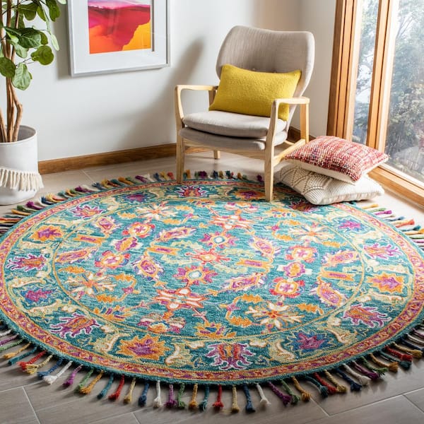 Aspen Turquoise/Purple 7 ft. x 7 ft. Round Border Area Rug