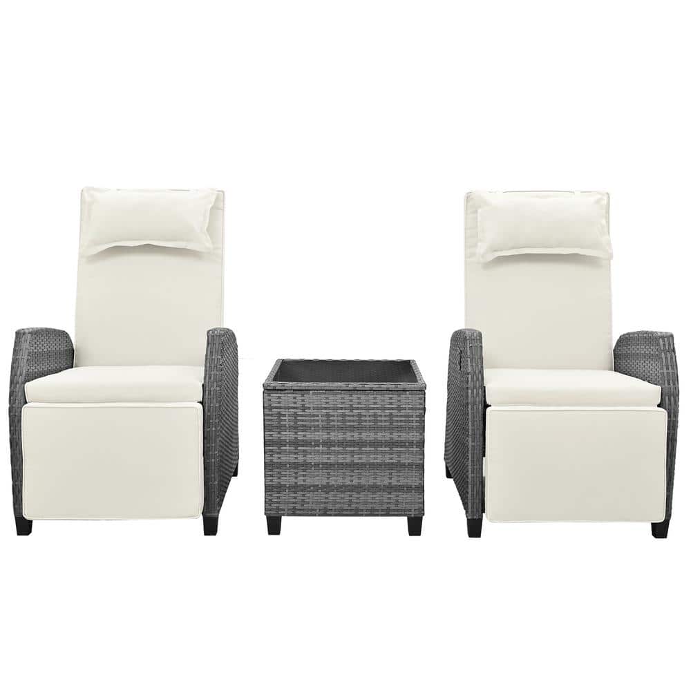 3-Piece Beige Upholstered Wicker Outdoor Lounge Chair with Coffee Table and