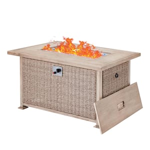 Gray 50 in. Rectangular Wicker Propane Outdoor Fire Pit Table for Garden Patio Lawn