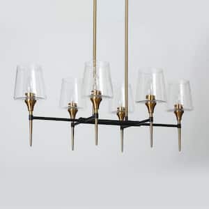 6-Light Modern Brass Gold Chandelier Light, Black Hanging Pendant Linear Hanging Ceiling Light with Seeded Glass