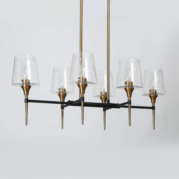 Zevni 6-Light Modern Brass Gold Chandelier Light, Black Hanging Pendant Linear Hanging Ceiling Light with Seeded Glass