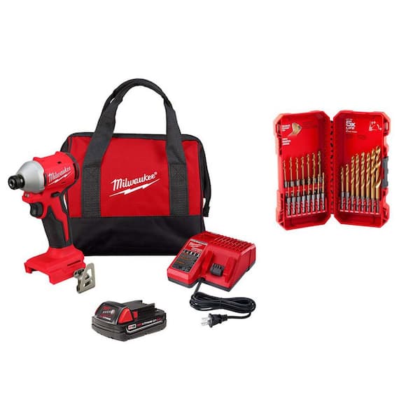 M18 18-Volt Lith-Ion Compact Brushless Cordless 1/4 in. Impact Driver Kit w/ 2.0 Ah Battery, Charger, & Drill Bit Set