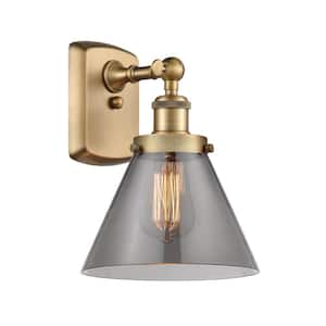 Ballston Urban Cone 8 in. 1-Light Brushed Brass Wall Sconce with Plated Smoke Glass Shade