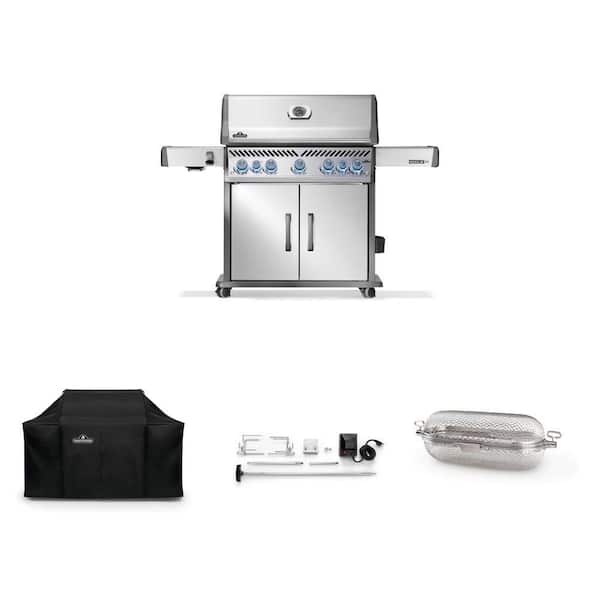 Rogue PRO-S 625 5-Burner Propane Gas Grill with Grill Cover, Stainless Steel Rotisserie Kit and Basket (4-Piece Bundle)