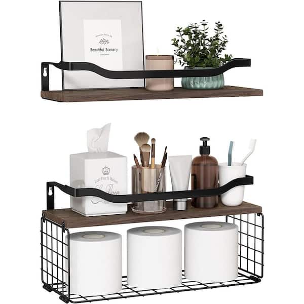Cubilan 15.7 in. W x 6 in. D Decorative Wall Shelf, Brown Bathroom Shelving with Toilet Paper Storage Basket