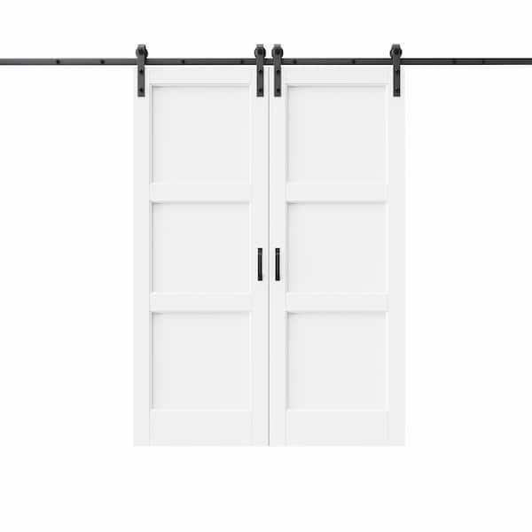 60 in. x 96 in. Paneled 3 Lite White Primed MDF Sliding Barn Door with Hardware Kit