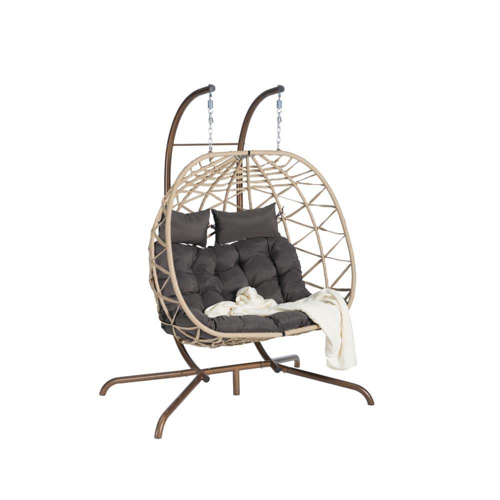 Sudzendf Modern Metal Large Light Yellow Ratten Double Seat Patio Swing