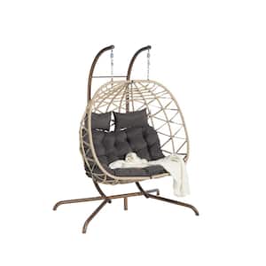 Modern Metal Large Light Yellow Ratten Double Seat Patio Swing Egg Chair with Gray Cushions