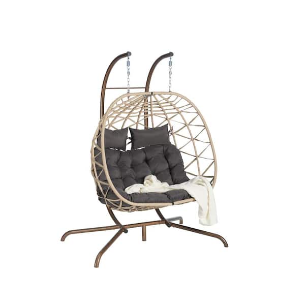 Sudzendf Modern Metal Large Light Yellow Ratten Double Seat Patio Swing Egg Chair with Gray Cushions