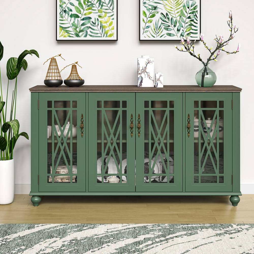 Green Vintage Style Wood Buffet Sideboard Cabinet with Glass Doors