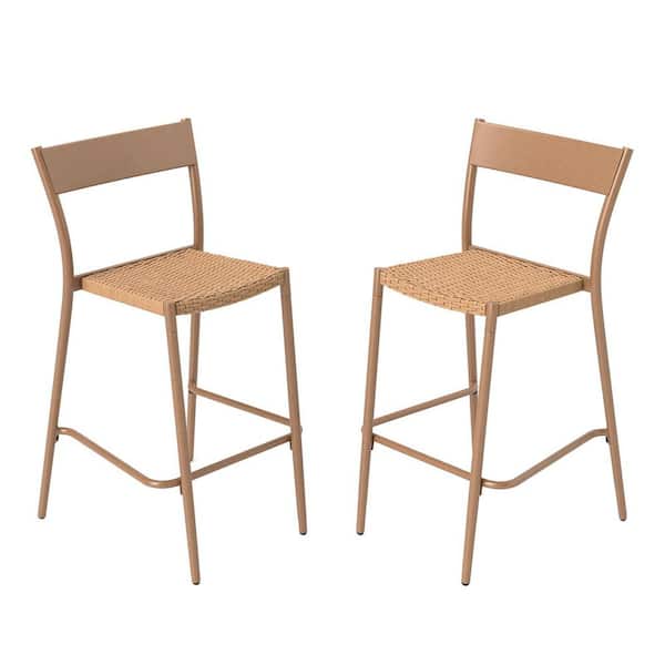 ANGELES HOME Metal Patio Outdoor Bar Stool with Rattan Seat and Metal Backrest Set of 2