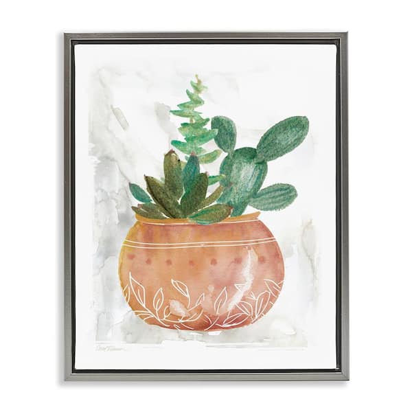Stupell Industries Succulent Planter Vase by Carol Robinson Gray Floater Frame Nature Graphic Art Print 21 in. x 17 in.