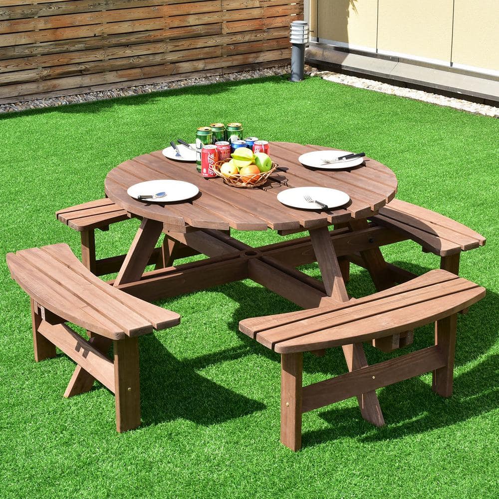 Brown Fir Wood Round Picnic Table Set with Umbrella Hole