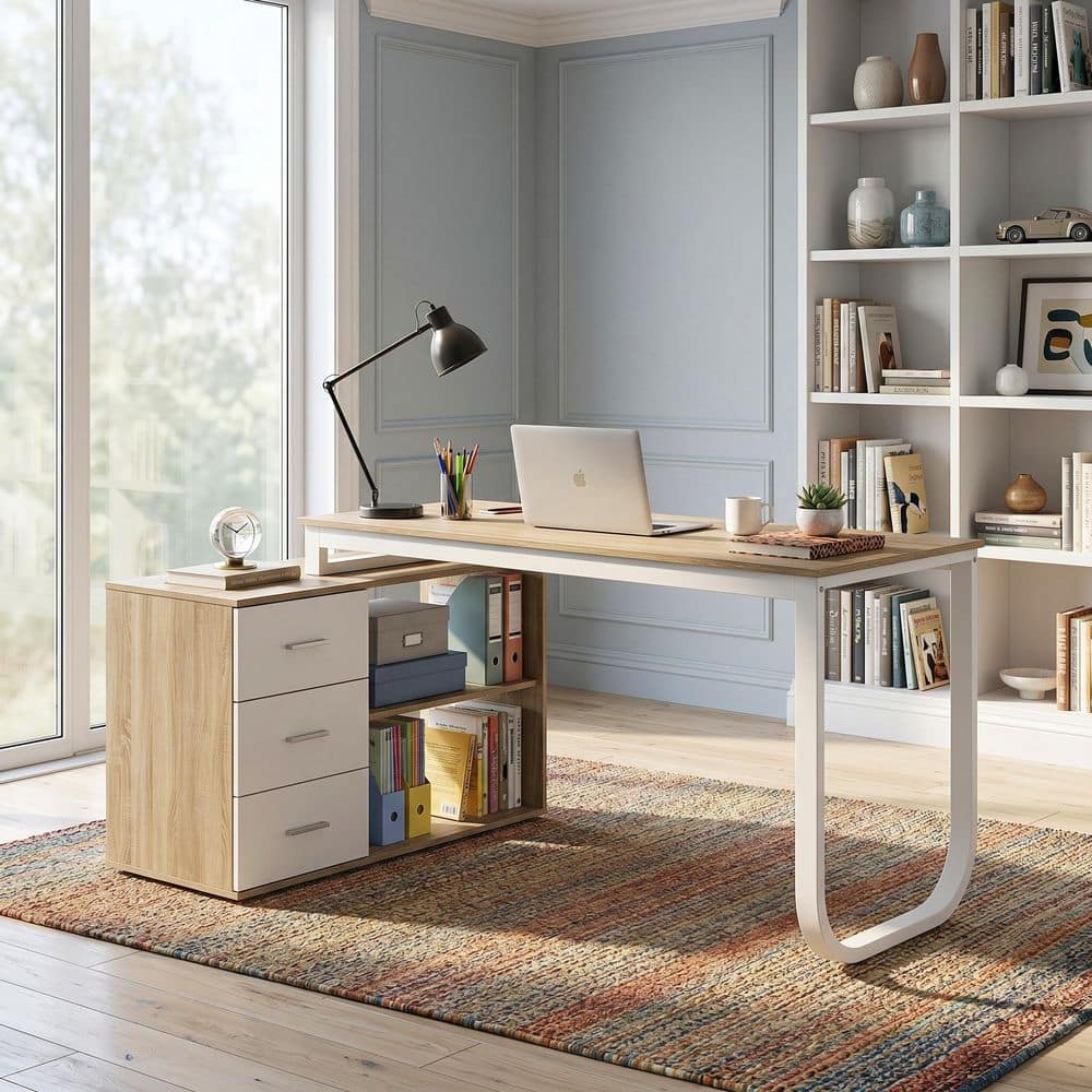FUFU&GAGA 55.1 in. L-Shaped Oak and White Wood Writing Desk Corner