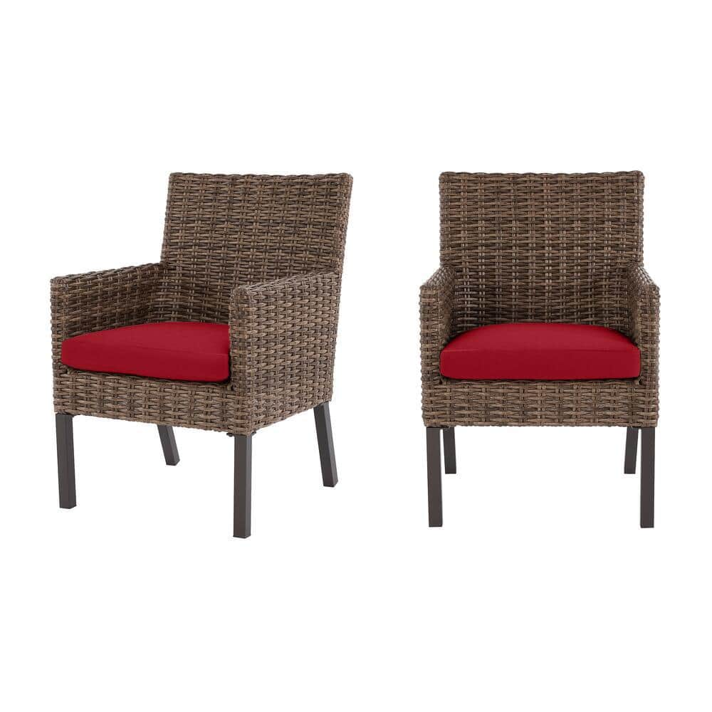 Fernlake Brown Wicker Outdoor Patio Stationary Dining Chair with CushionGuard Chili Red Cushions (2-Pack) -  Hampton Bay, H186-01193800