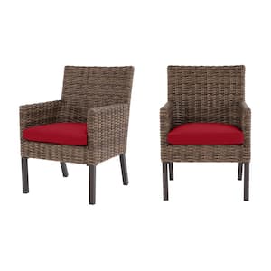 Fernlake Brown Wicker Outdoor Patio Stationary Dining Chair with CushionGuard Chili Red Cushions (2-Pack)
