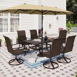 Black 8-Piece Metal Patio Outdoor Dining Set with Umbrella and Slat Table and Brown Rattan High Back Swivel Chairs