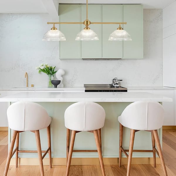 Aurelian 37.4 in. 3-Light Vintage Brass Linear Island Pendant Light with Clear Globe Ribbed Bowl Glass