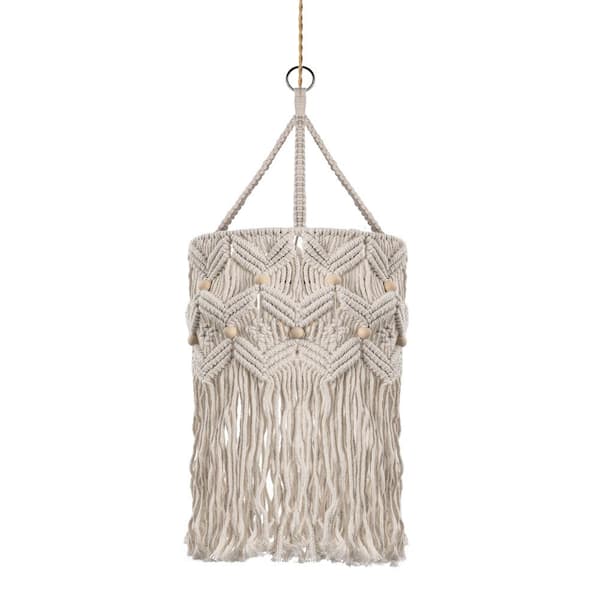 YANSUN Boho Chic 1-Light White Pendant Light with Adjustable Macrame Rattan Shade Plug-in