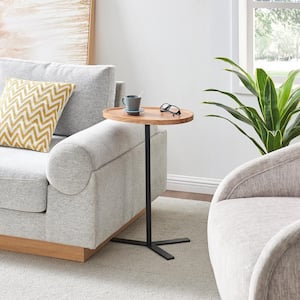 Carter 11.8 in. Oval Teardrop Couch-Side Accent C-Table with Crossed Y-Shape Metal Pedestal Leg - Natural Brown/Black