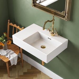 23.4 in. x 16.5 in. Ceramic Rectangular Wall Mount Sink Wall Hung Bathroom Vessel Sink in White with Overflow Holes