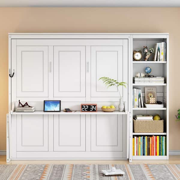 White Wood Frame Queen Size Murphy Bed Wall Bed with Integrated Desk and Storage Shelves