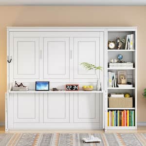 White Wood Frame Queen Size Murphy Bed Wall Bed with Integrated Desk and Storage Shelves
