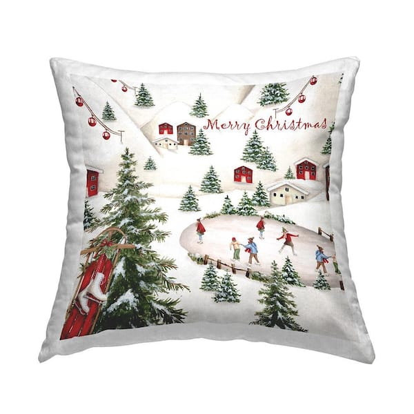 Merry Christmas Winter Skating Beige Print Polyester 18in. X 18in. Throw Pillow