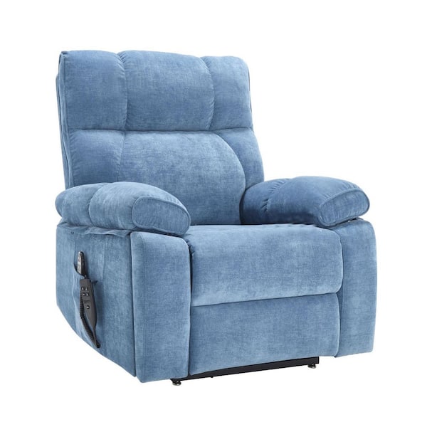 Metal Large Electric Power Lift Outdoor Recliner with Blue Cushion, Heat Massage, Hidden Cup Holders, Power-Remote