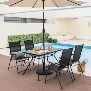 Rectangle Metal Outdoor Dining Table 49'' x 29.5'' Marble-Like Tabletop with Umbrella Hole