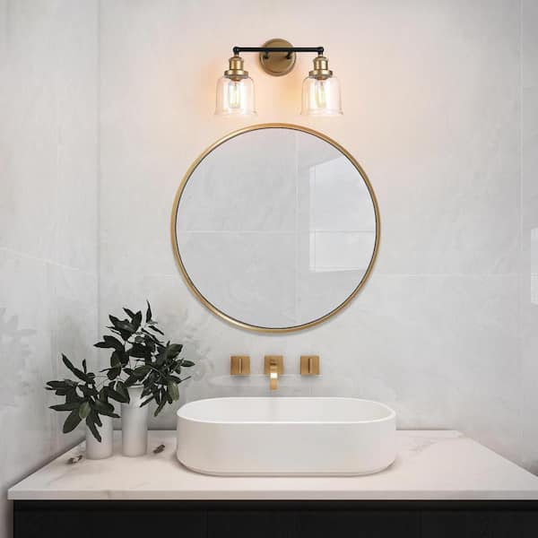 Modern Dome Bathroom Vanity Light 2-Light Black and Brass Bell Wall Sconce Light with Clear Glass Shades
