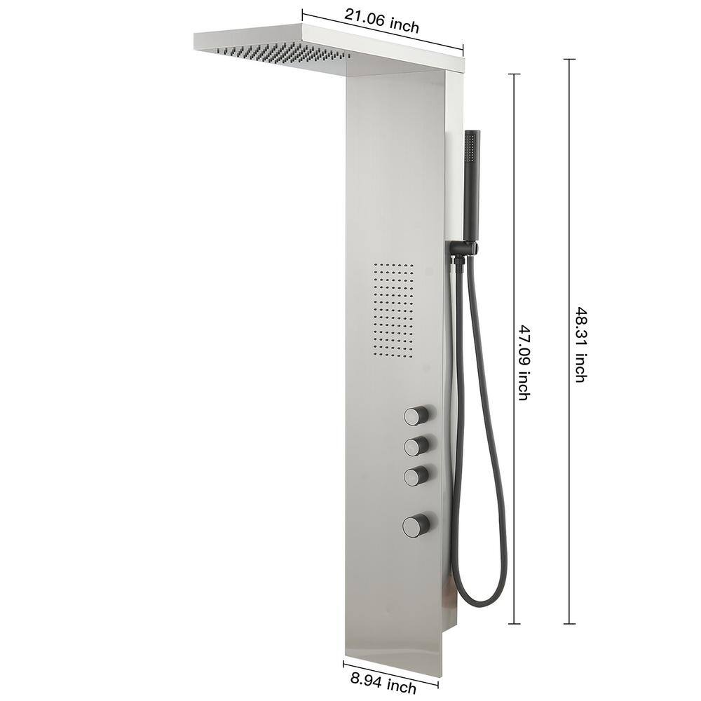 Brushed Nickel Multi-Function Shower Panel with Rainfall and Massage Jets