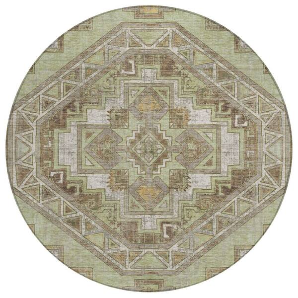 Chantille Machine Washable Indoor/Outdoor Abstract ACN2794 Aloe 8 ft. x 8 ft. Round Rug