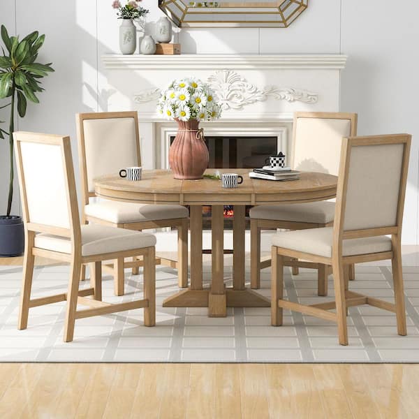 5-Piece Farmhouse Natural Extendable Wood Wash Wood Top Dining Room Set Seats 4