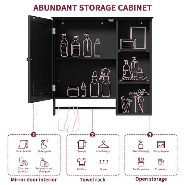 FAMYYT 29 in. W x 28 in. H Black Rectangular Surface Mount Medicine Cabinet with Mirror, Adjustable Shelves