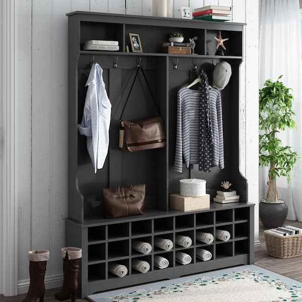 Black Hall Tree Coat Rack with Bench, Hooks and 24-Storage Cubbies