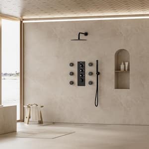 Thermostatic Valve 12 in. Wall Mount Triple Handle 7-Spray Patterns Shower Faucet 2.5 GPM With 6-Jets in Matte Black
