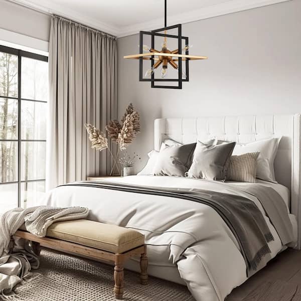 8-Light Black and Gold Modern Geometric Chandelier, Industrial Adjustable Hanging Sputnik Pendant Light for Dining Room