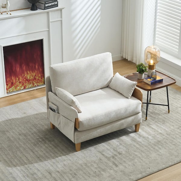 Darrel 37.01 in. Beige Chenille Upholstery Twin Size 3-in-1 Convertible Sofa Bed with 3-Pillows, Side Pockets