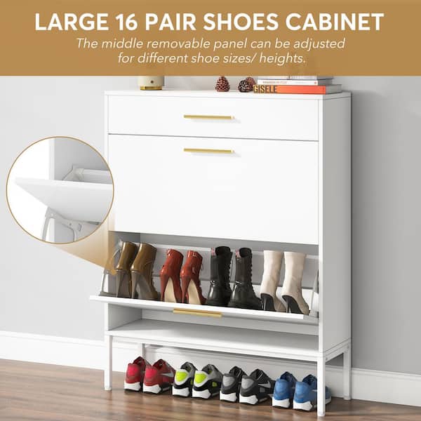 Tribesigns Modern Shoe Cabinet, 28 Pairs Freestanding Tall Shoe Organizer  for Entryway, Bedroom, White/Gold